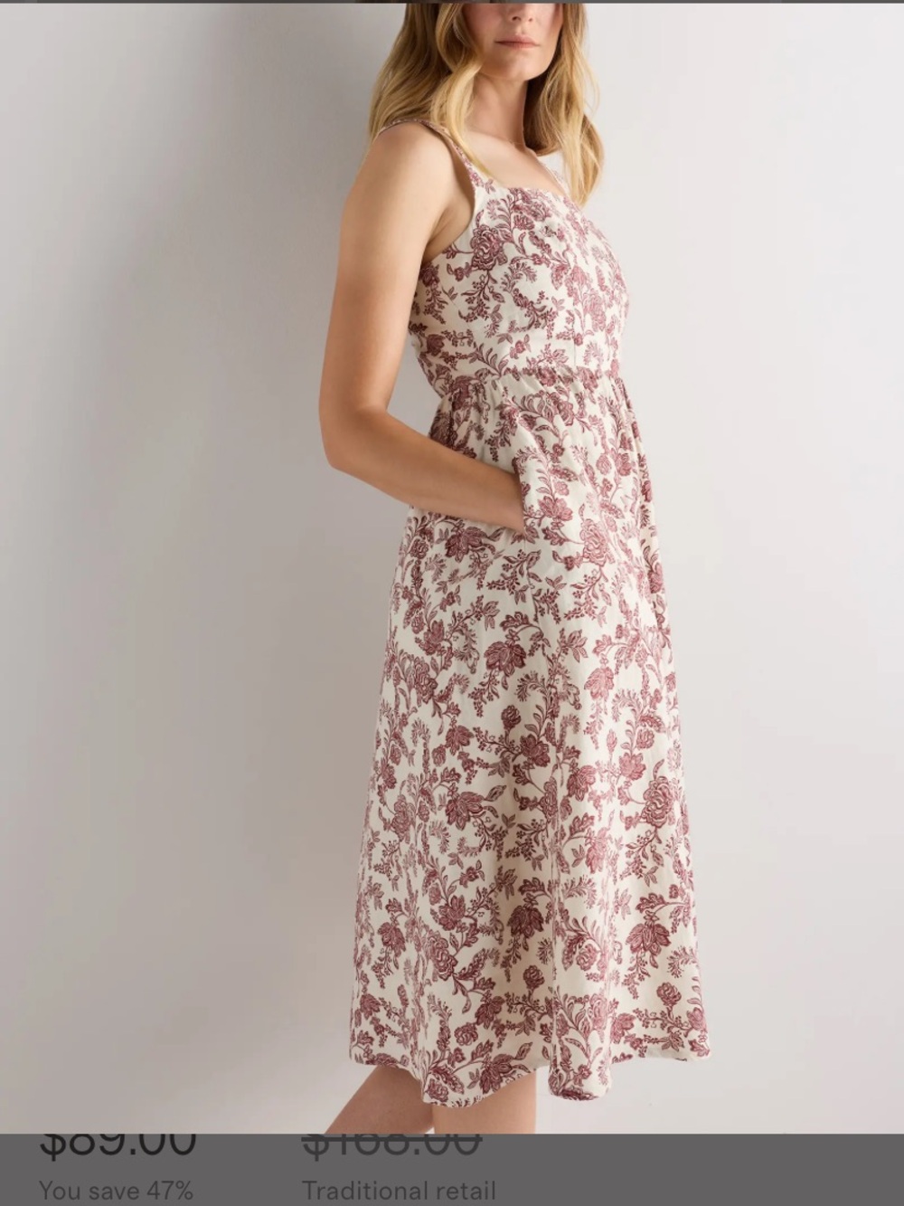 Quince 100% European Linen Fit & Flare Midi Dress Brick Red Heirloom Floral XS
